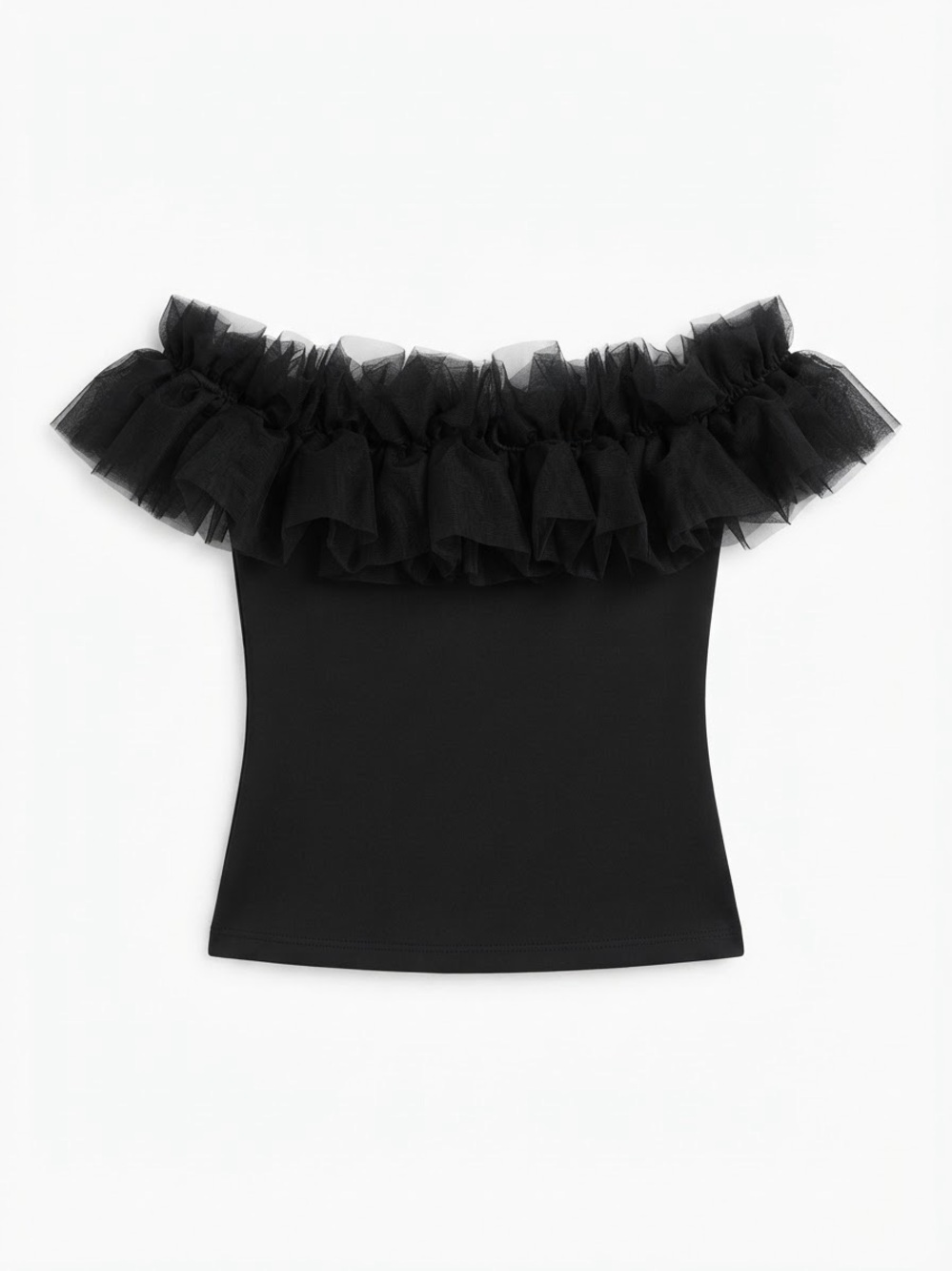 Dramatic Tulle Ruffled Off-Shoulder Blouse Black Goth Chic Small
